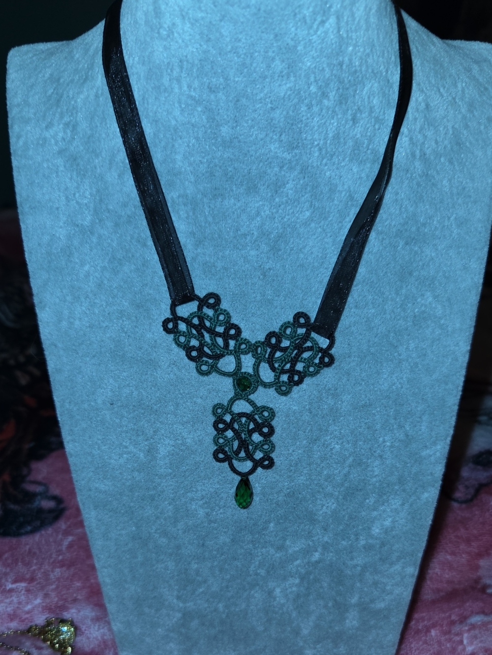 Black Lace Ribbon Necklace with Green Crystal Pendant